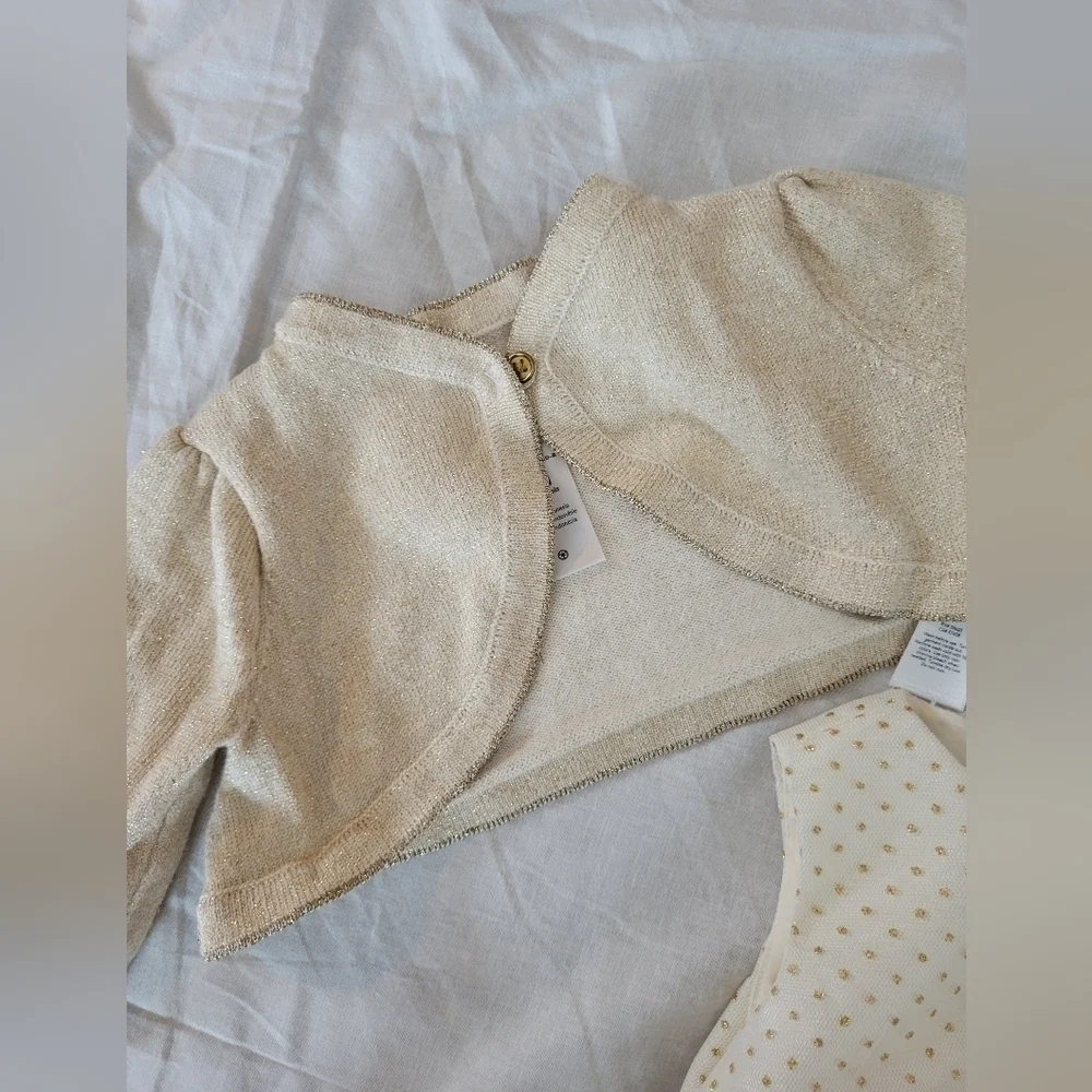 Just One You 3pc Ivory & glitter gold polkadot dress w/ gold cardigan 3m